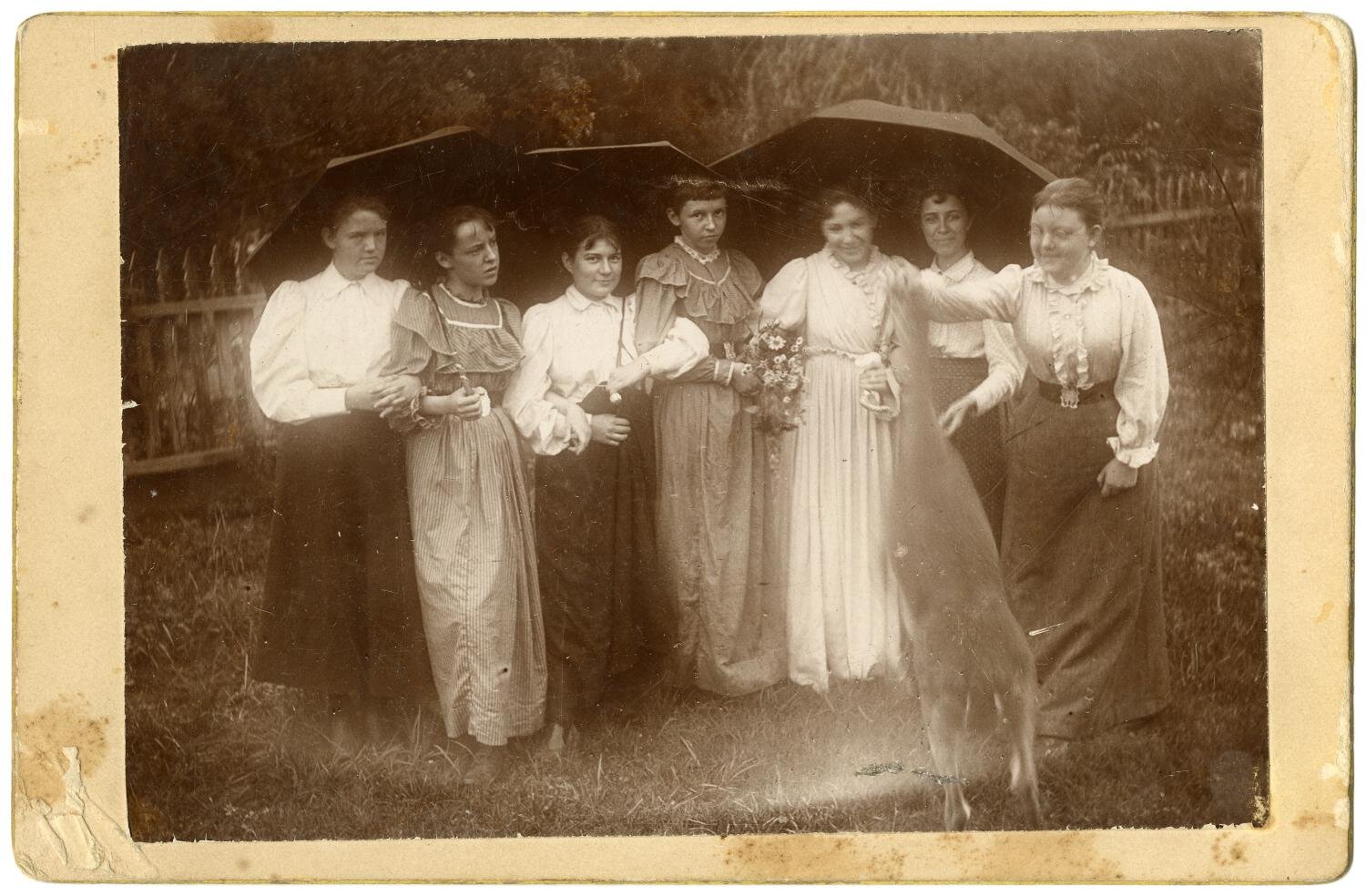  Functional dresses, skirts, and blouses were common in this region as evident in this photograph of women at the Lambshead Ranch in the Albany area, northeast of Abilene.  [Seven Women with Umbrellas and a Deer], photograph, 1896; ( https://texashis