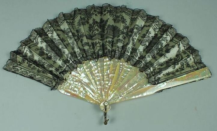 Fan, 1880, mother of pearl (nacre), lace, satin, metal, Gift of Mrs. John K. Donnan