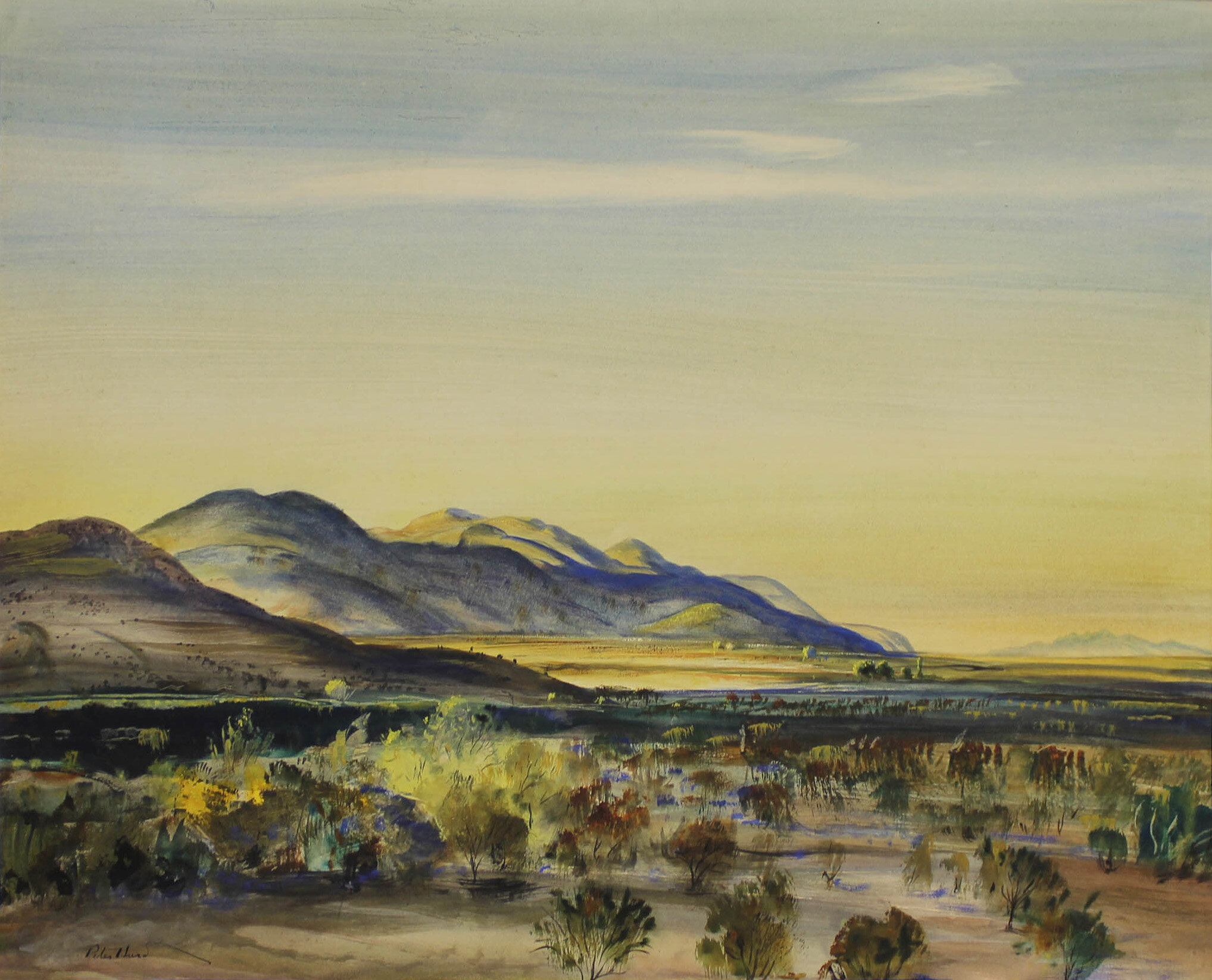 Peter Hurd, La Luz Sunrise, n.d., watercolor on paper Collection of The Grace Museum, Gift of Christopher S. Hawkins and J. Marc Hawkins in loving memory of Sam and Susan Reeves