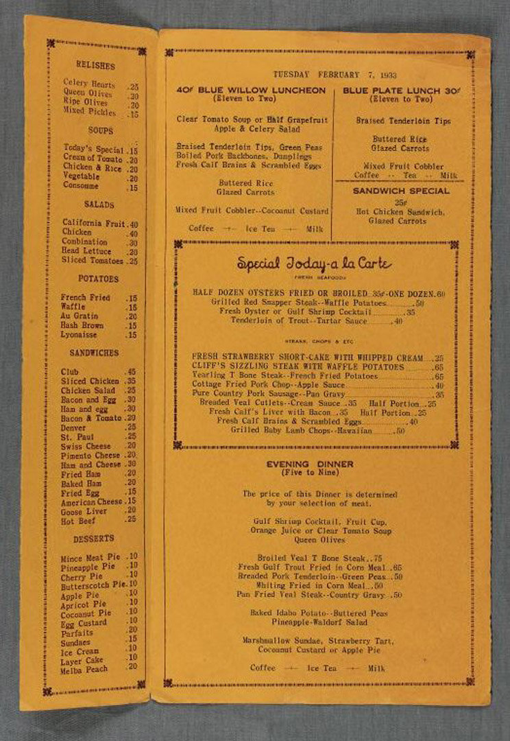 Grace Coffee Shop Menu, February 7, 1933