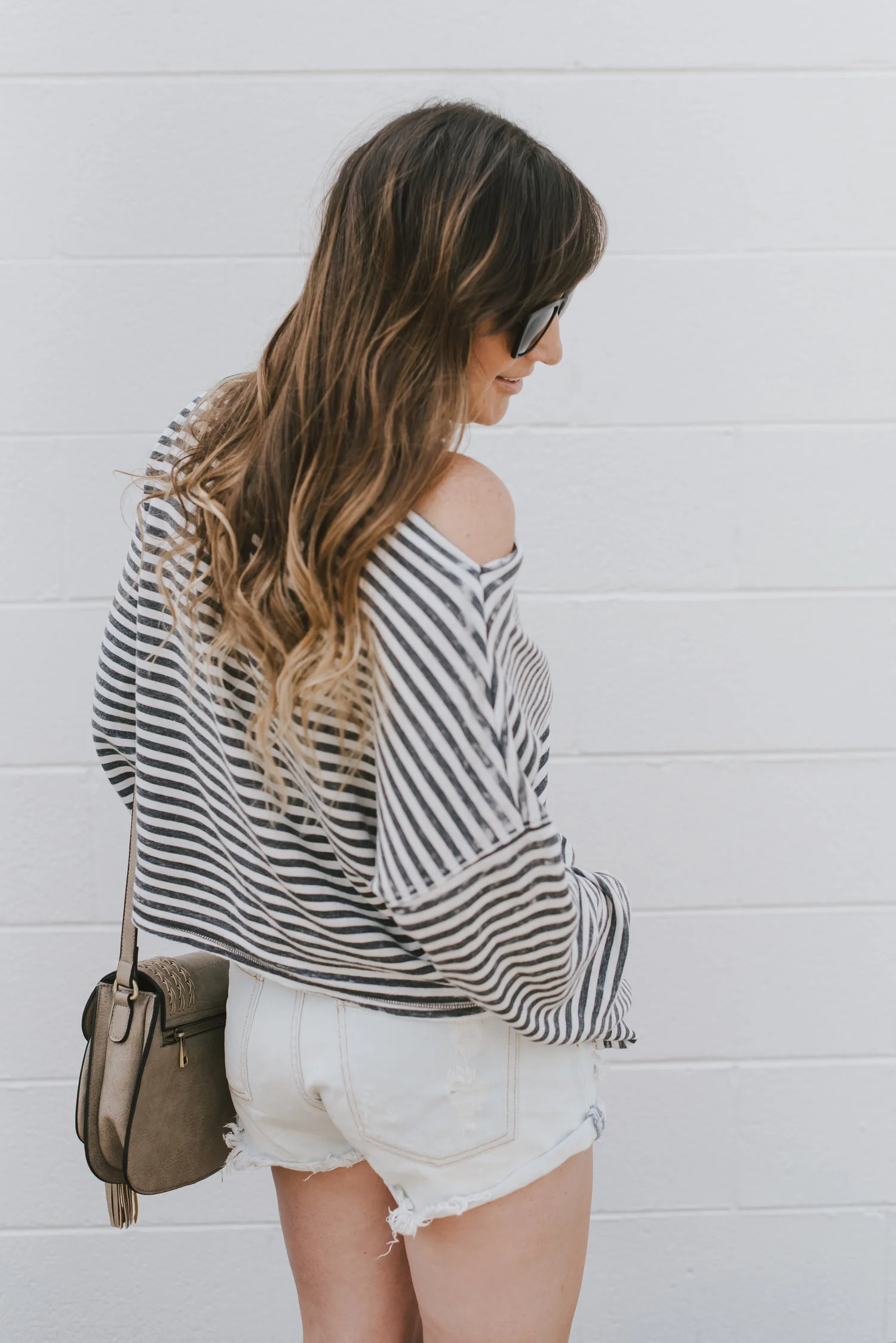 stripe shirt and denim shorts