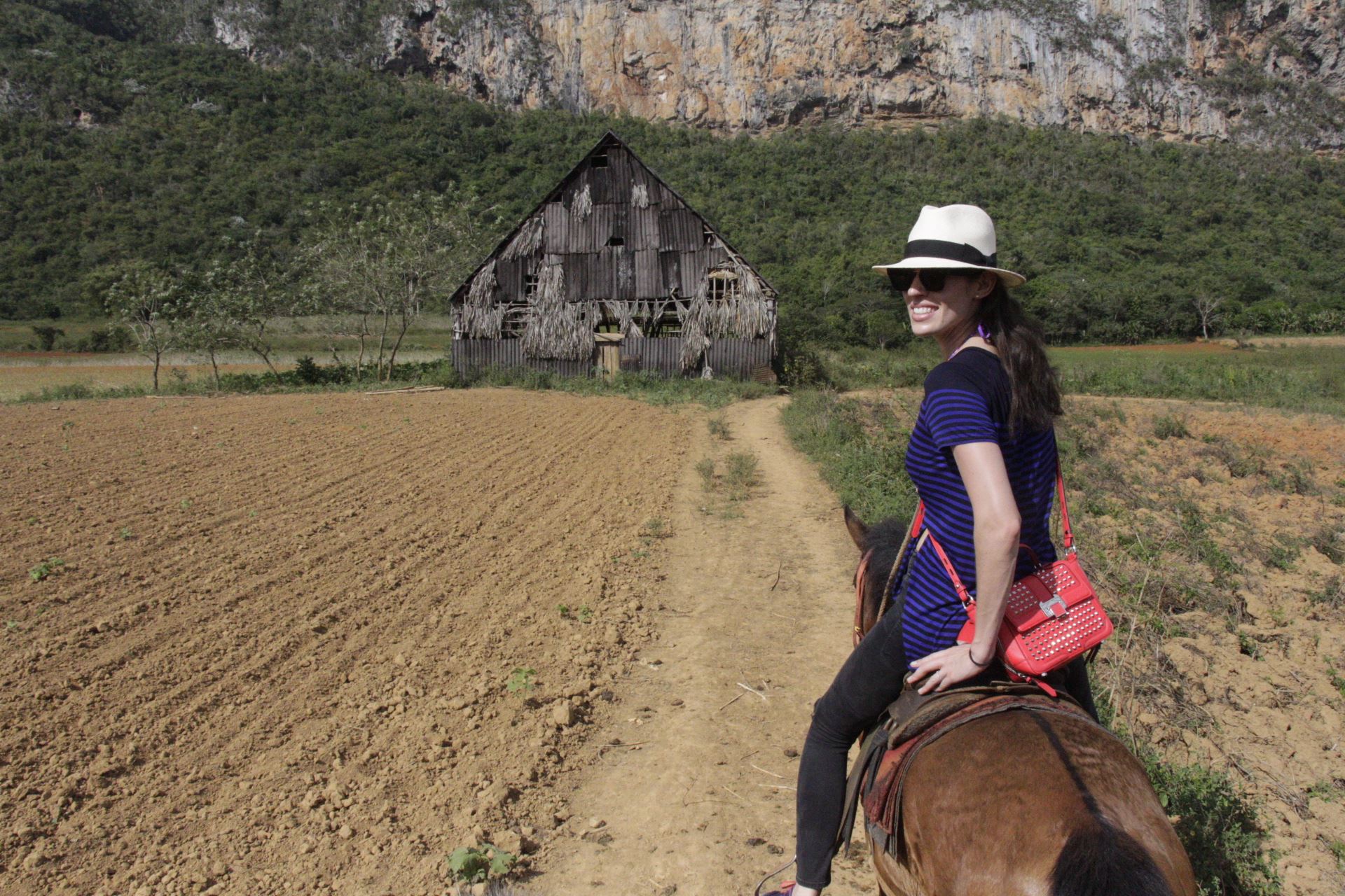   Emily on horseback is a sight to see. Of course, no one told  Rebecca Minkoff &nbsp;that her purses needed to endure a trot or gallup. Here she is approaching the "house" where farmers dry tobacco leaves.  &nbsp;  