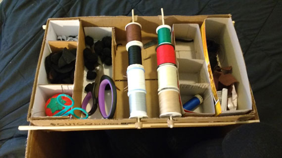 This box contains the basic spools of colour most commonly used and a few compartments for various parts that relate to the animals I'm working on. In this particular box are bear tails, ears and eyes. 