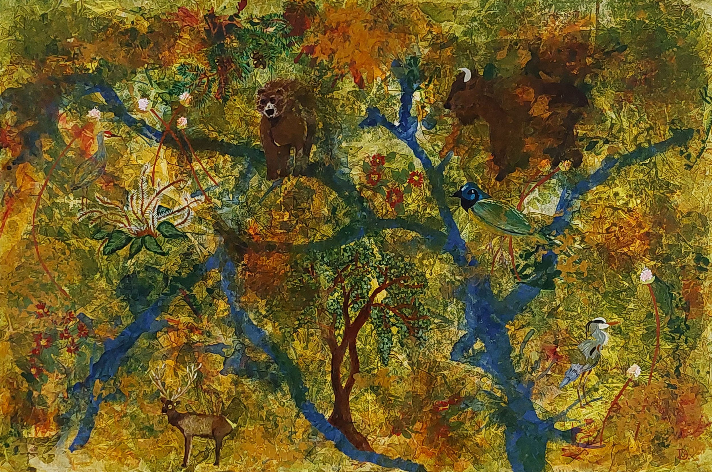 Environmental awareness, animals, nature, emerging light. Warm colors and multiple layers.