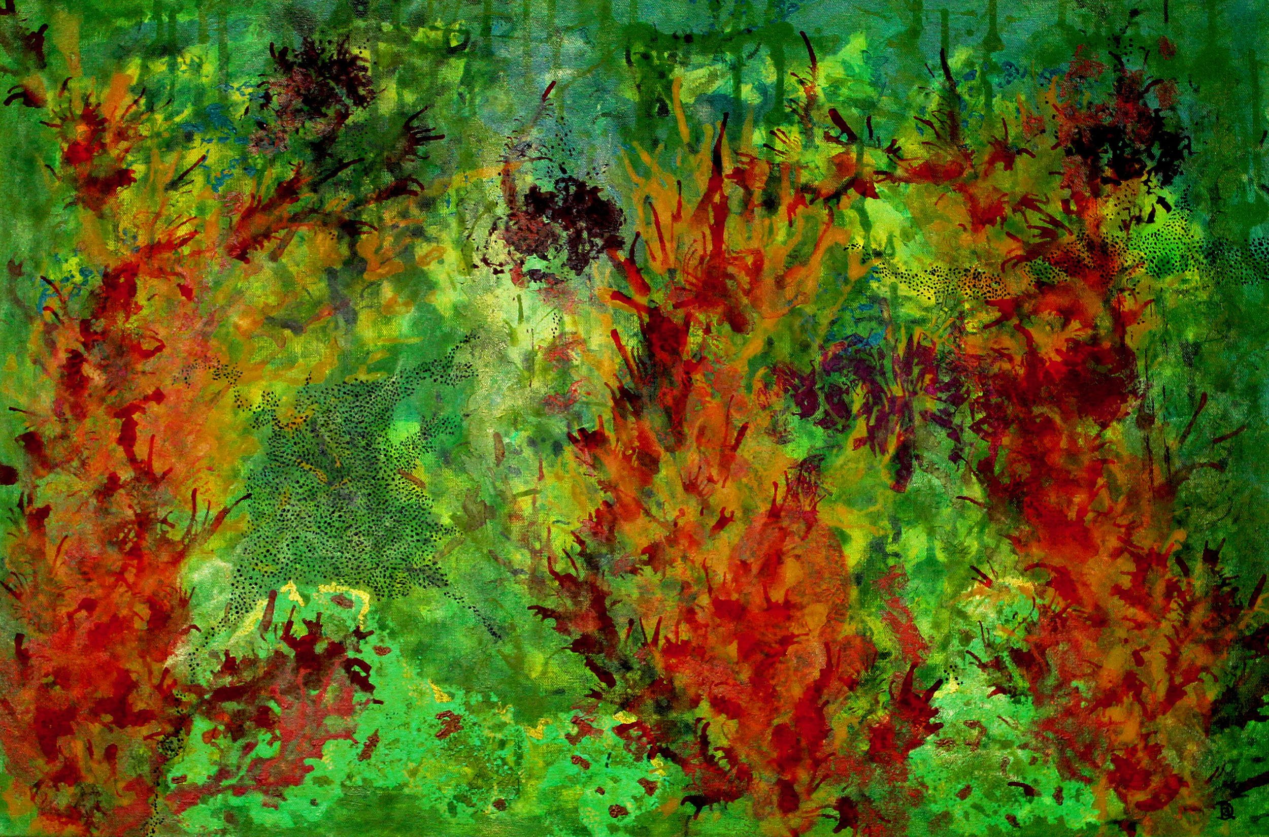 Fire in the Jungle, featuring brilliant colors of green, orange, and red. Multiple layers and emerging light.