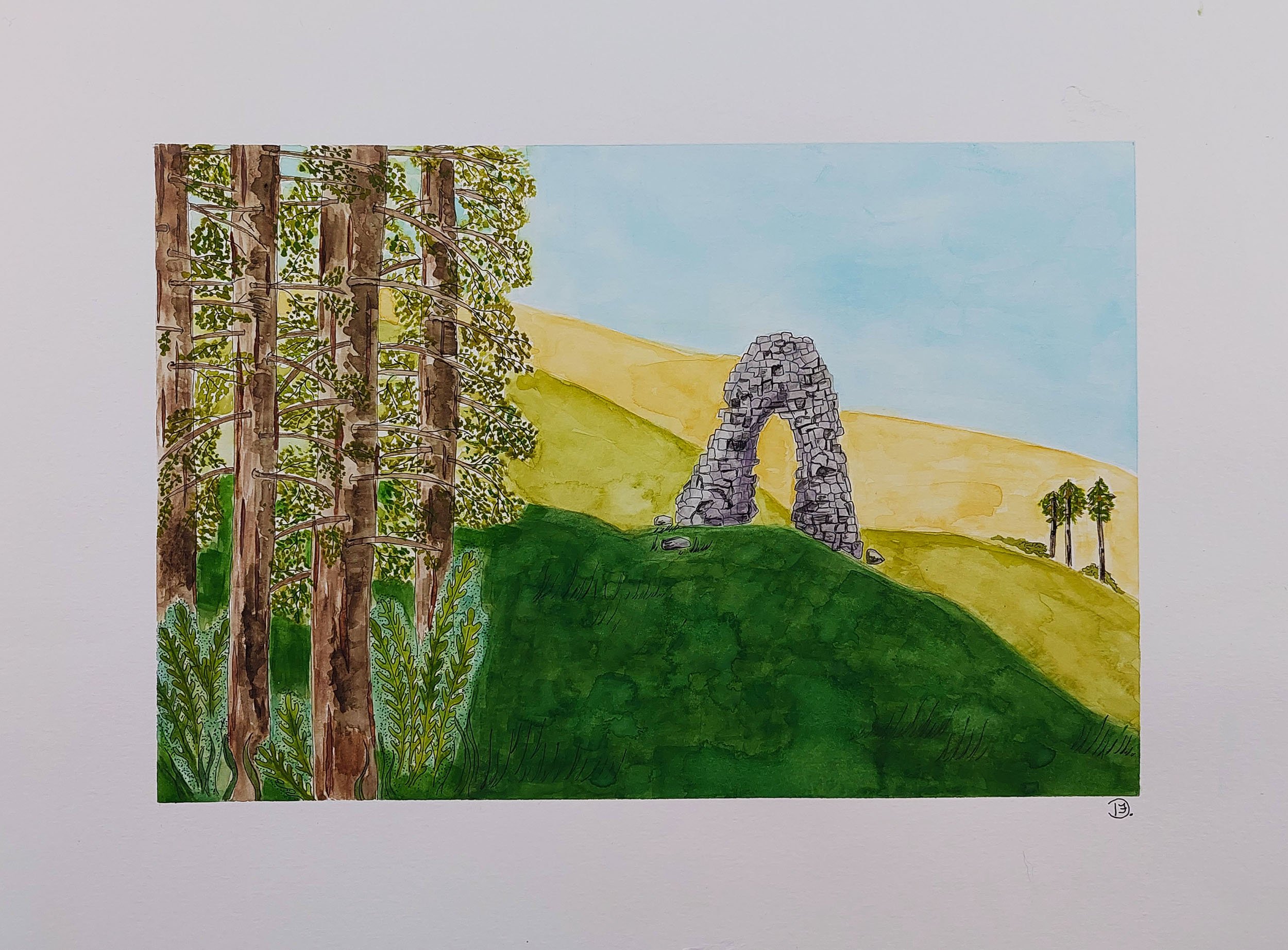 Detailed watercolor and pen drawing, featuring trees, rolling hills, and mysterious stone arch.