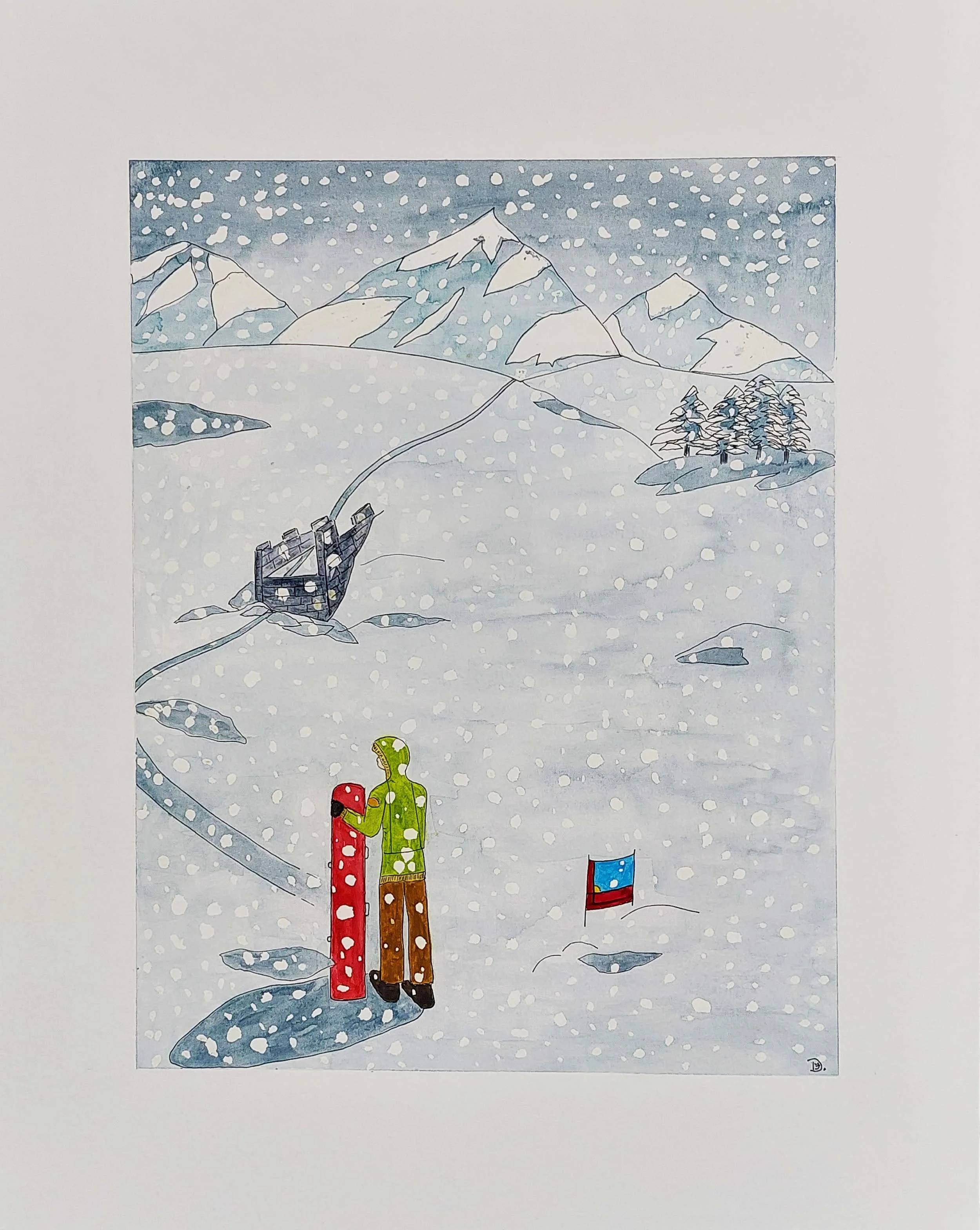 Snowboarding, watercolor and ink drawing. Mountain scene, snowboarder, and falling snow.