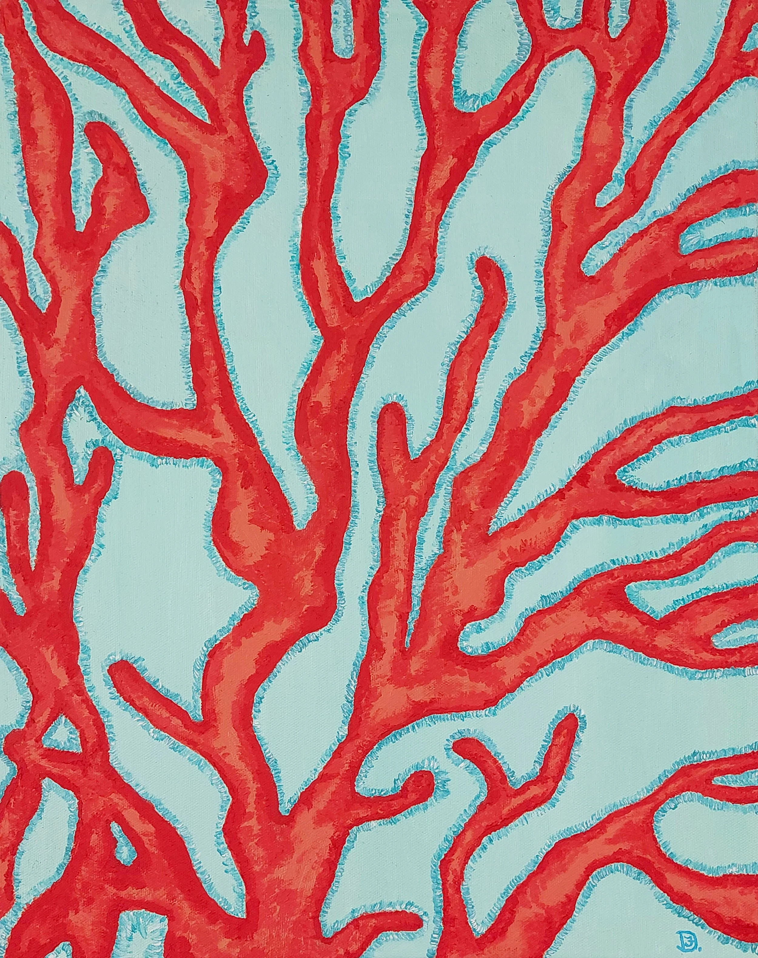 Red Coral oil painting, featuring bright and beautiful shades of aqua and red and distinct textures.