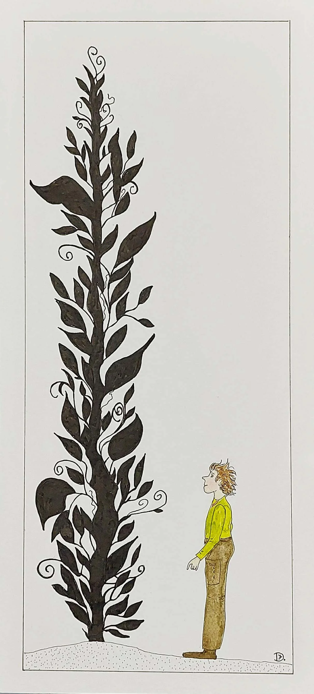 Jack and his Stalk is a whimsical and unique watercolor and ink drawing. Inspired by Jack and the Beanstalk.