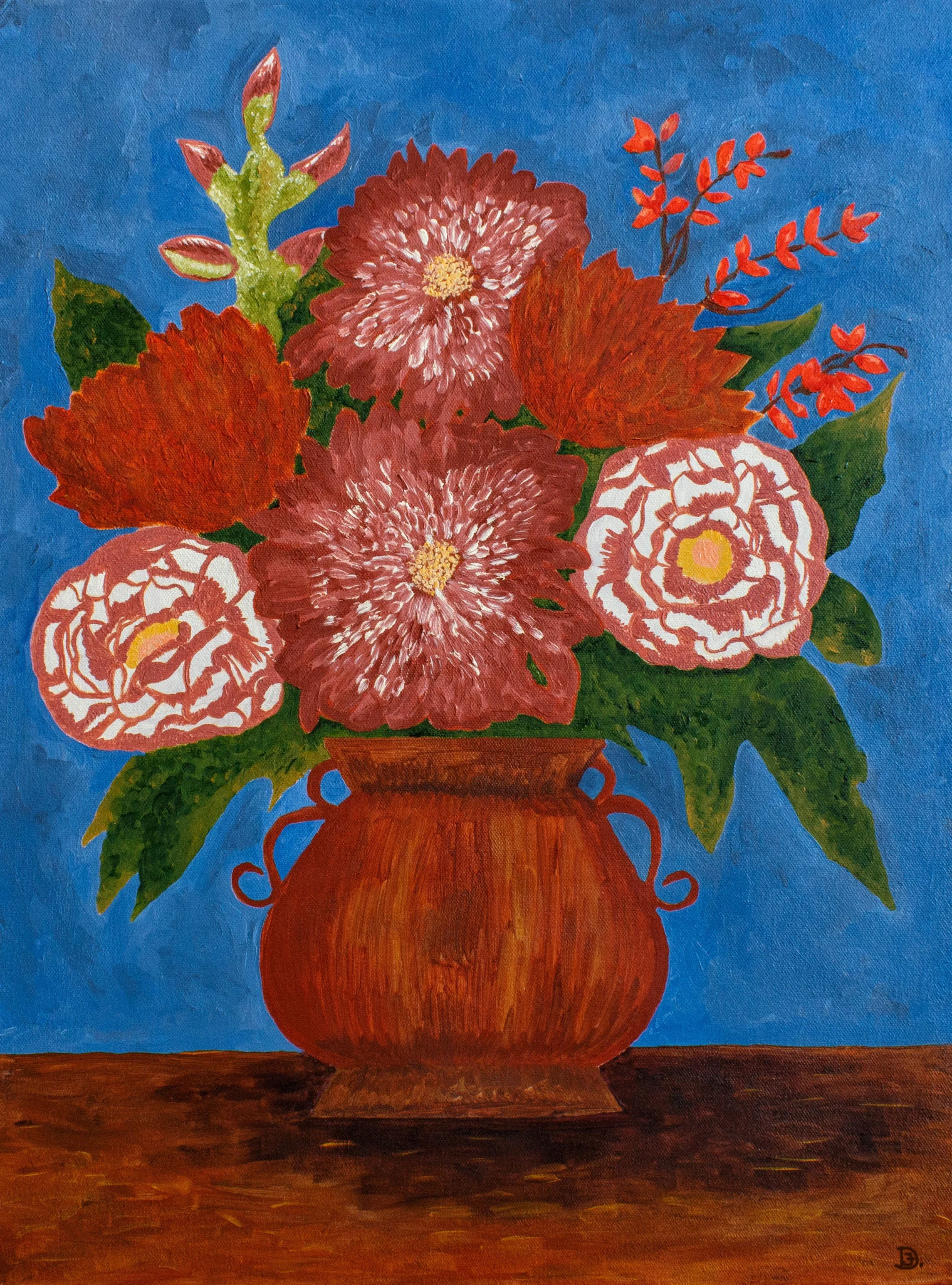 Flowers in Copper Vase oil painting, featuring a vivid color palette and distinct brushstrokes.