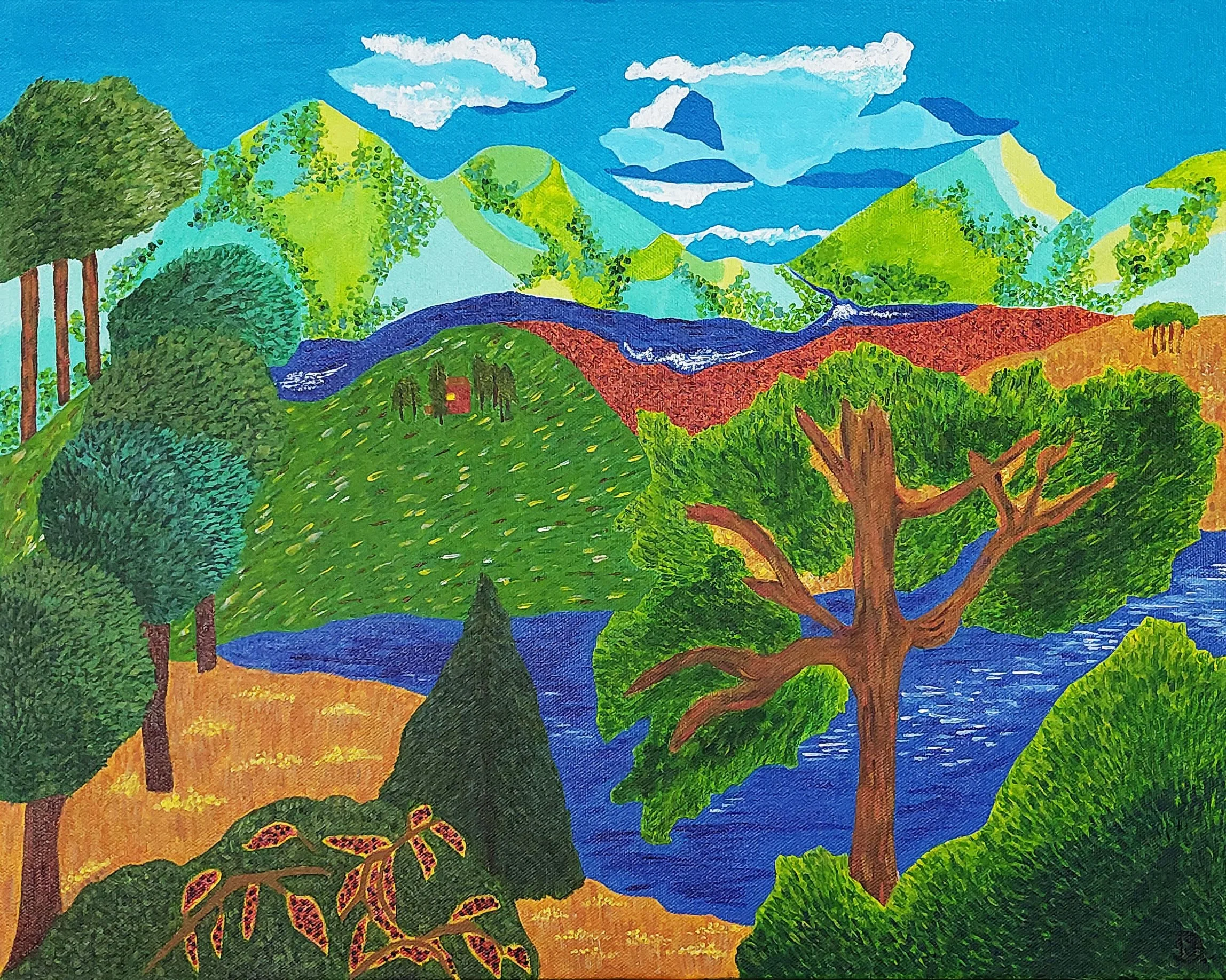 Summer in the Valley, featuring a bright and colorful landscape. Original art and imaginative.