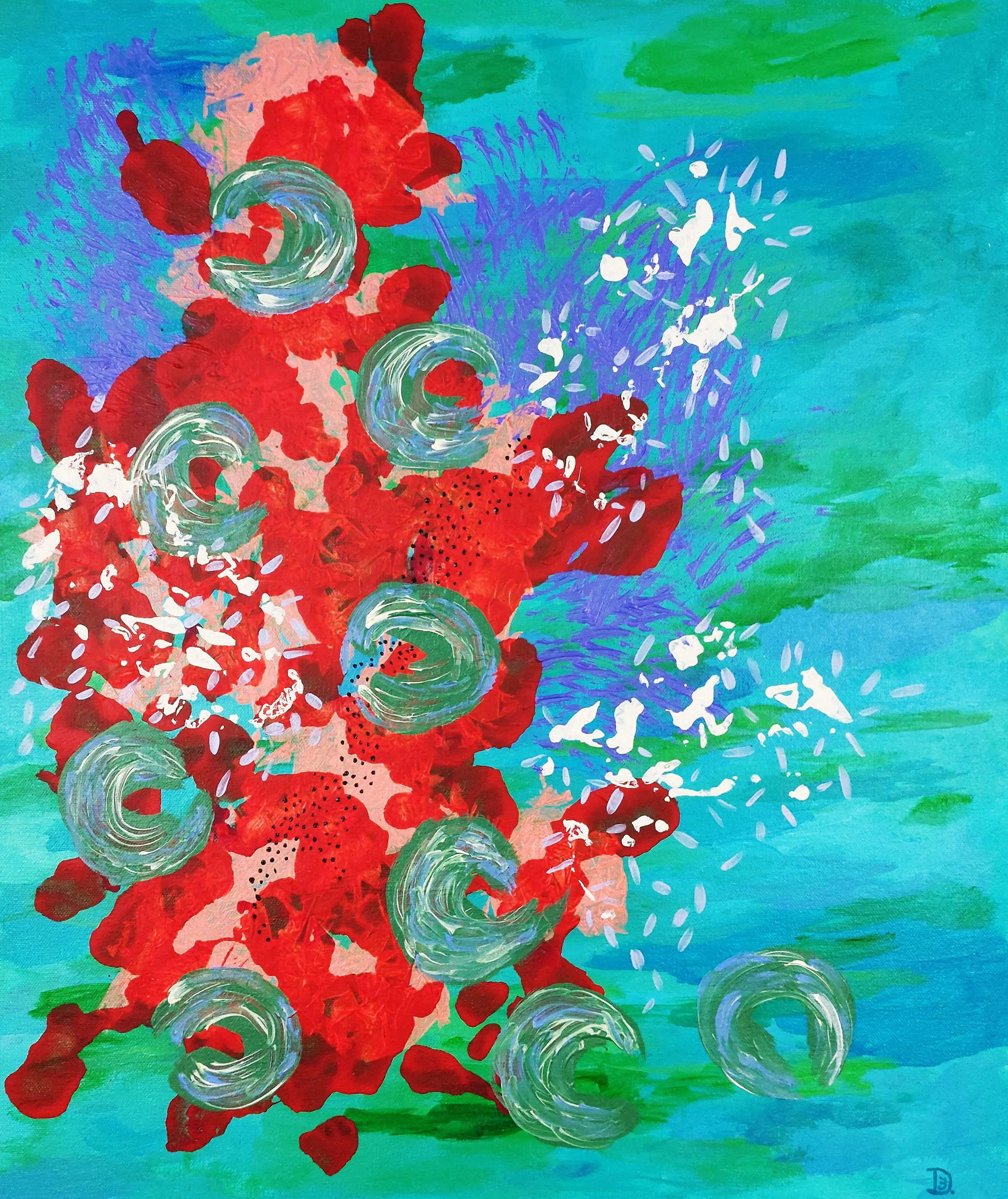 Brightly colored abstract reef painting. Distinctive brushstrokes and texture.