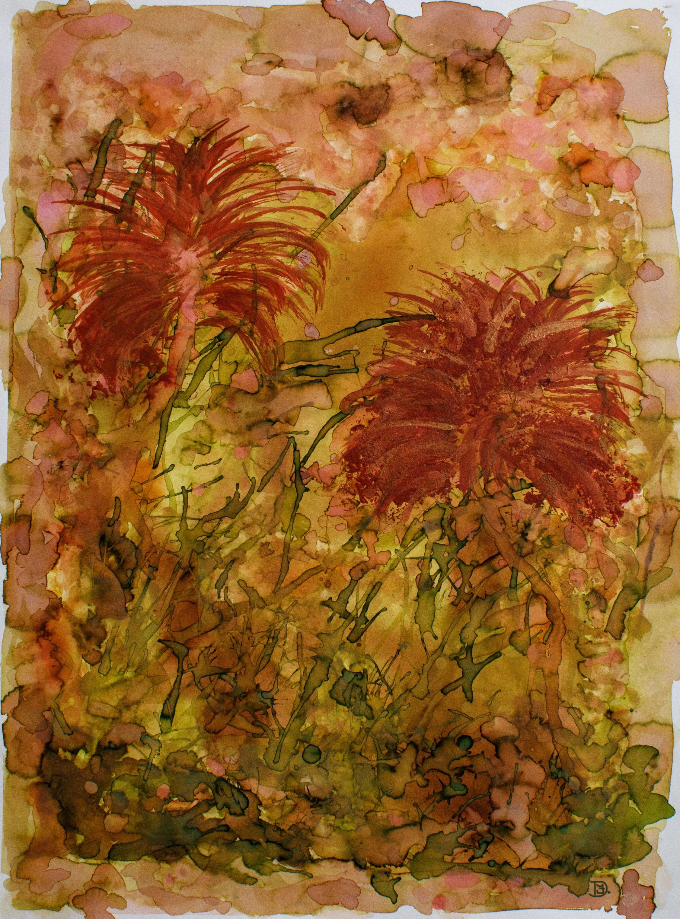 Two Red Flowers watercolor created by dripping, pouring, and blowing paint. Beautiful layers and light.