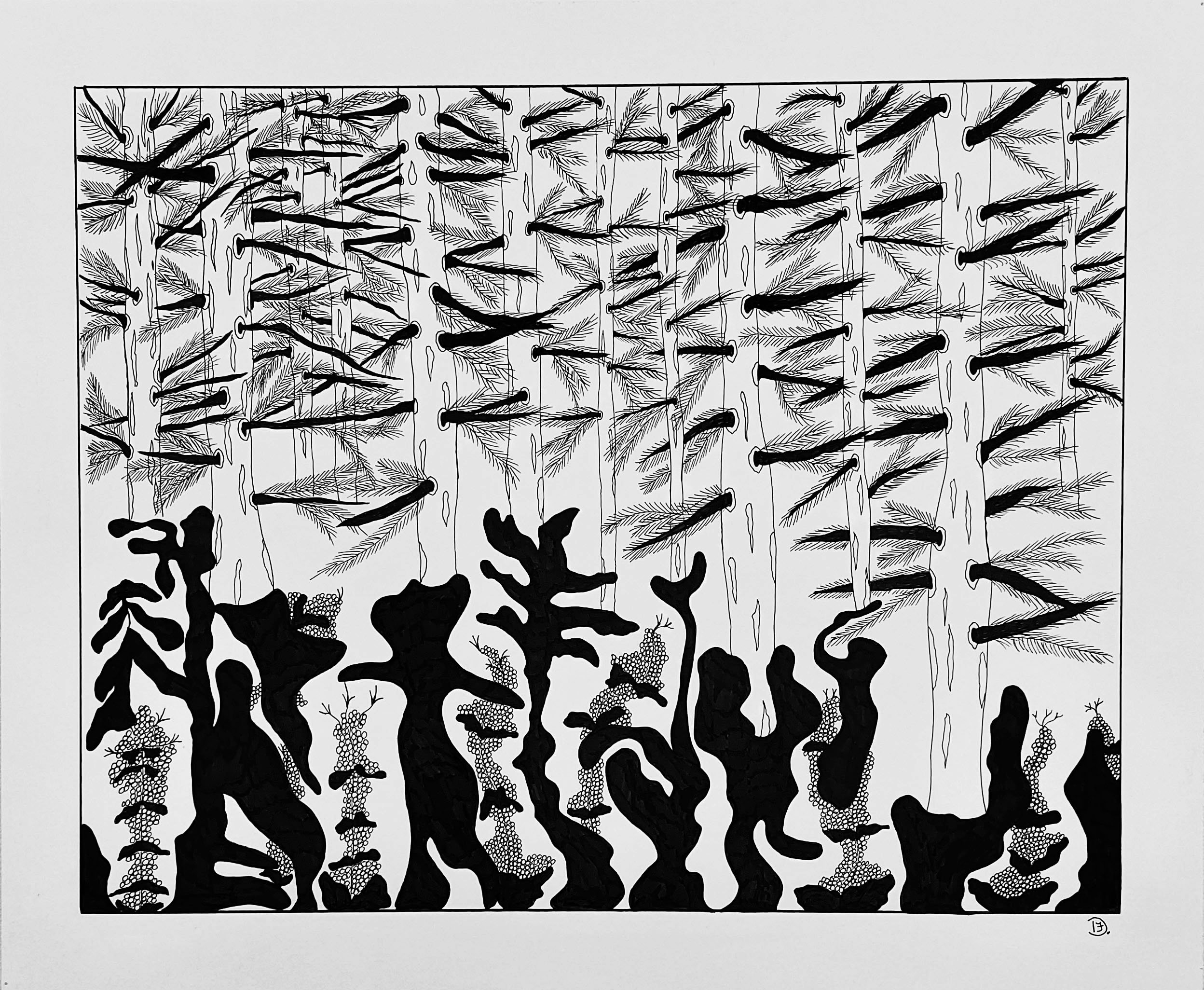 Shadows in the Pines pen and ink drawing, featuring detailed forest and biomorphic forms. Imaginative and unique.