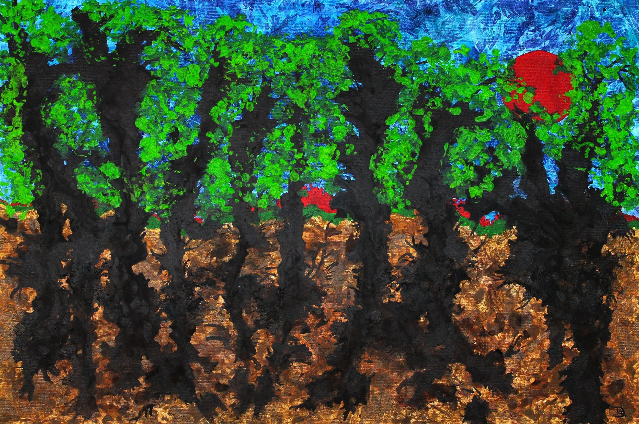 Twilight in the Jungle has a bold red moon, vivid colors, layers and brushstrokes.