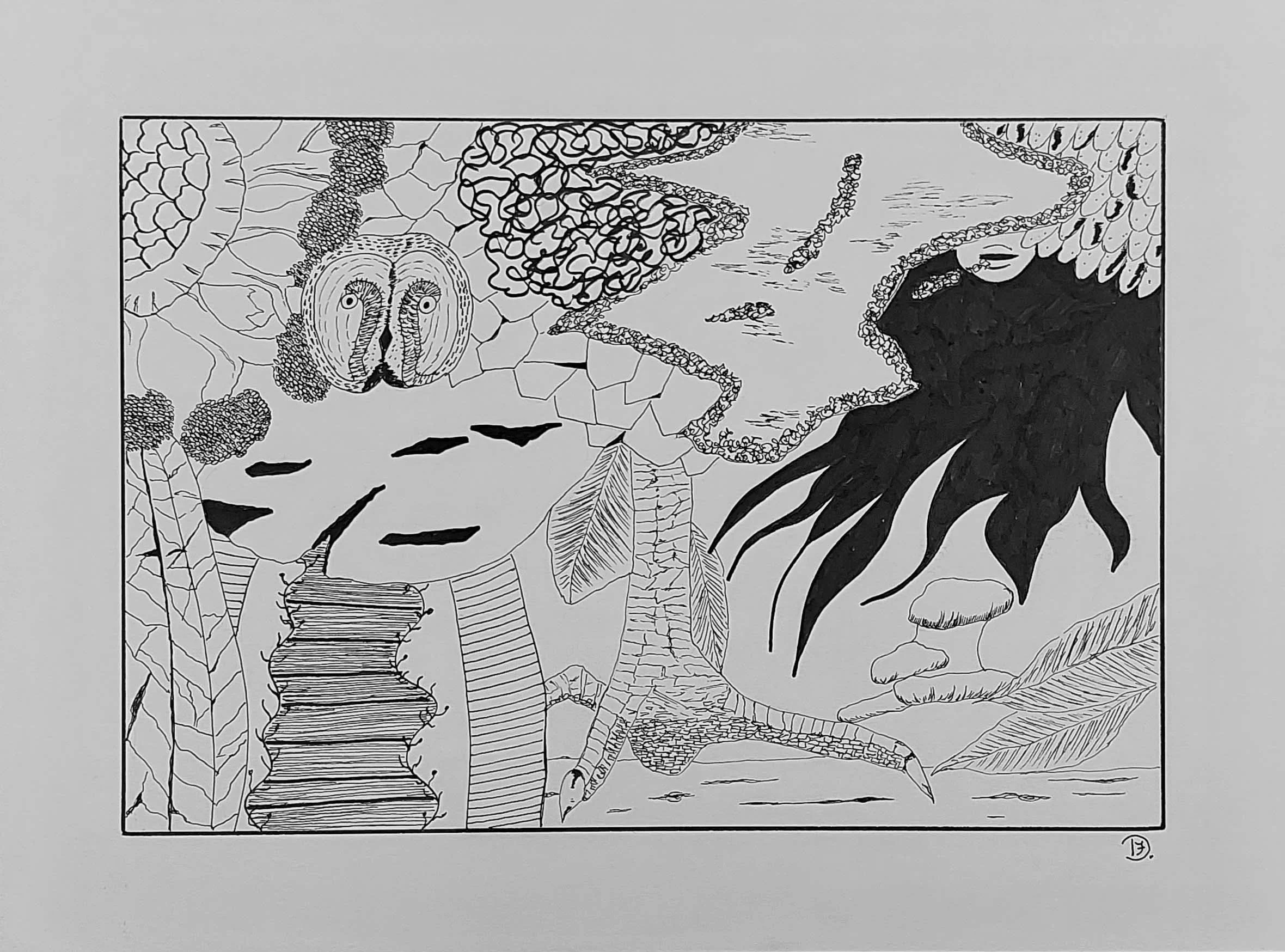 Detailed pen and ink drawing, humor, botanical, chicken foot, line work.