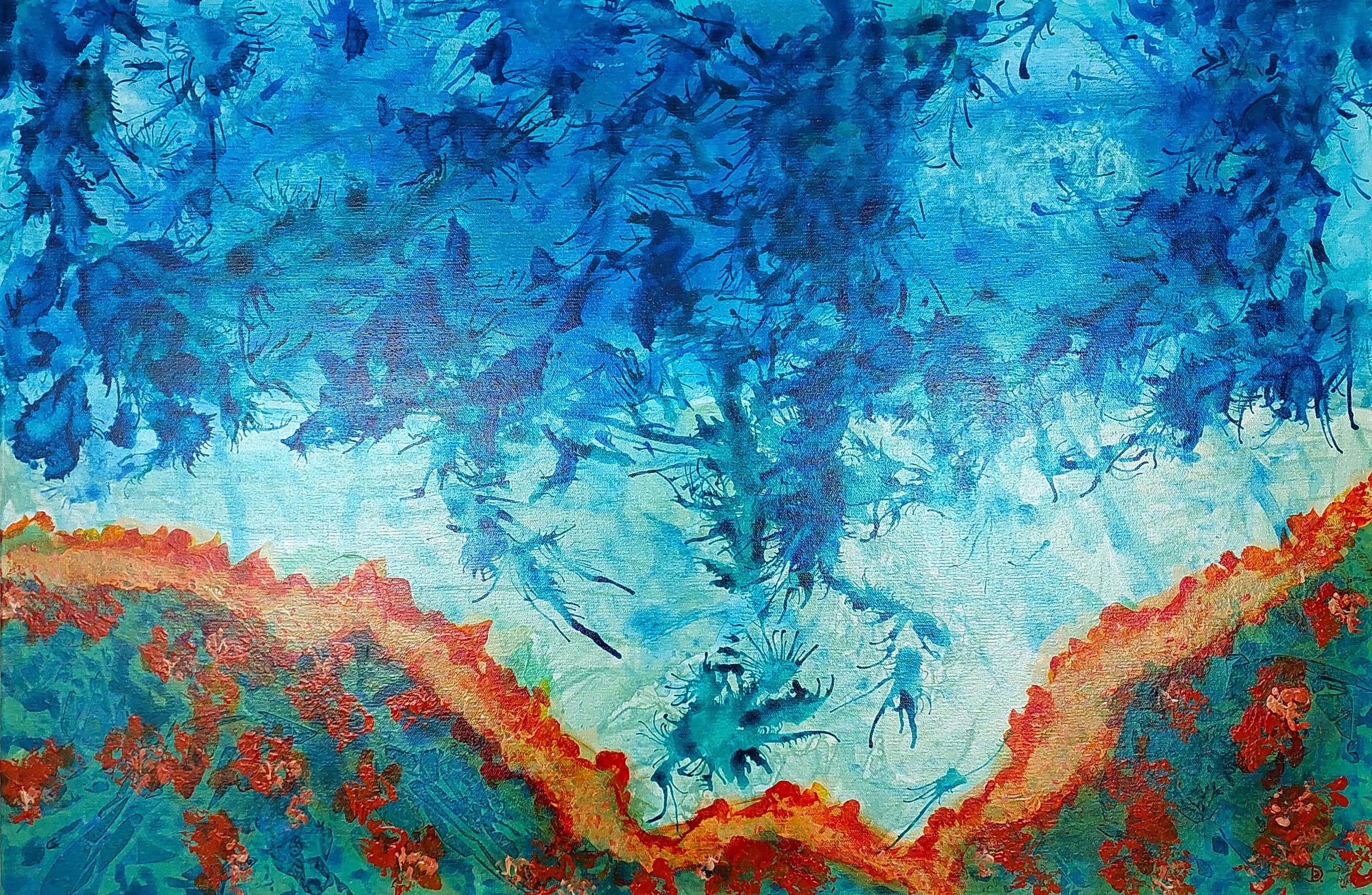 Storm Over the Reef with vivid shades of blues and orange, multiple layers, emerging light, blowing paint technique.