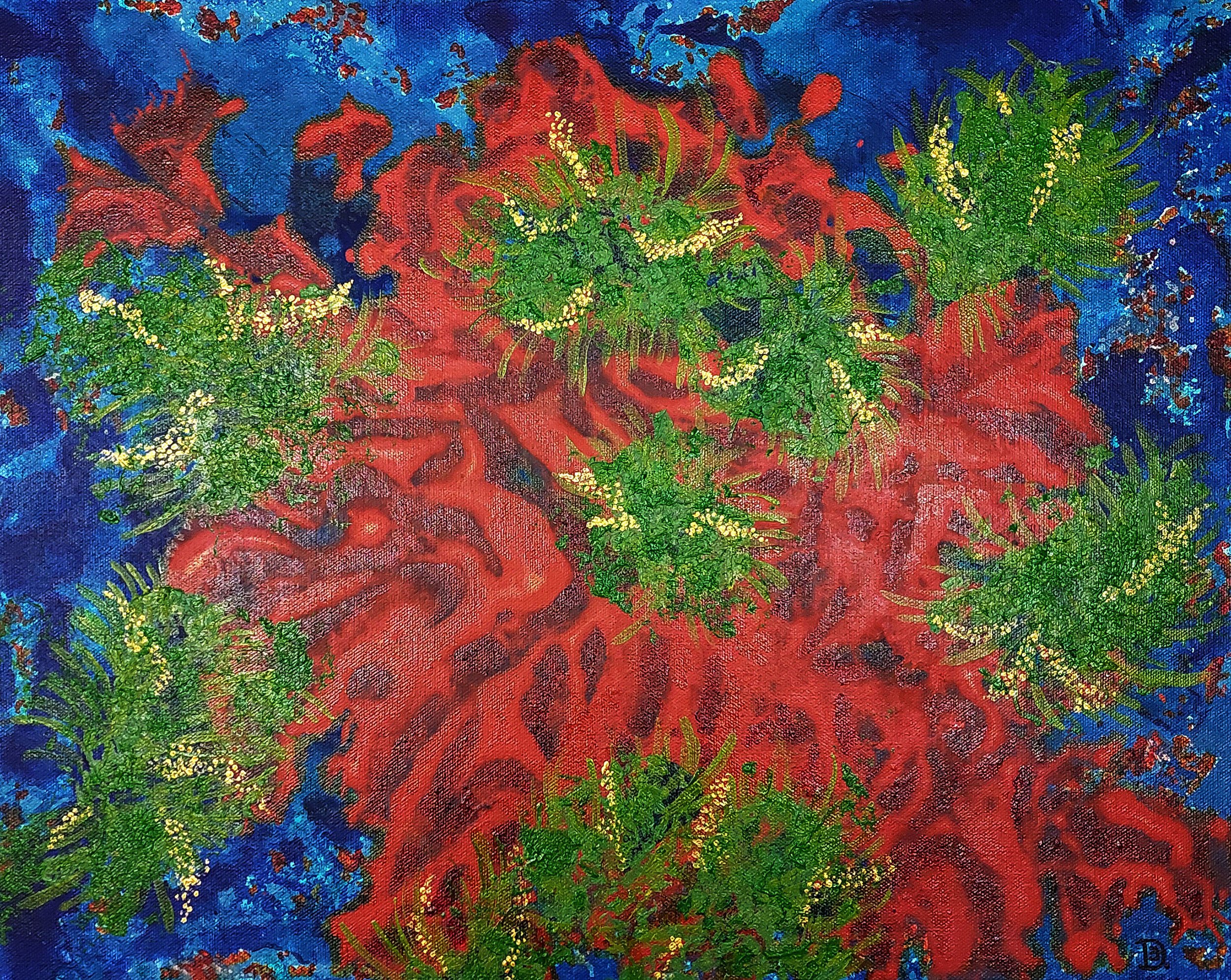 Red Anemone is an imaginative underwater painting. Gorgeous colors of red, blues, and green. Distinct texture and brushstrokes.
