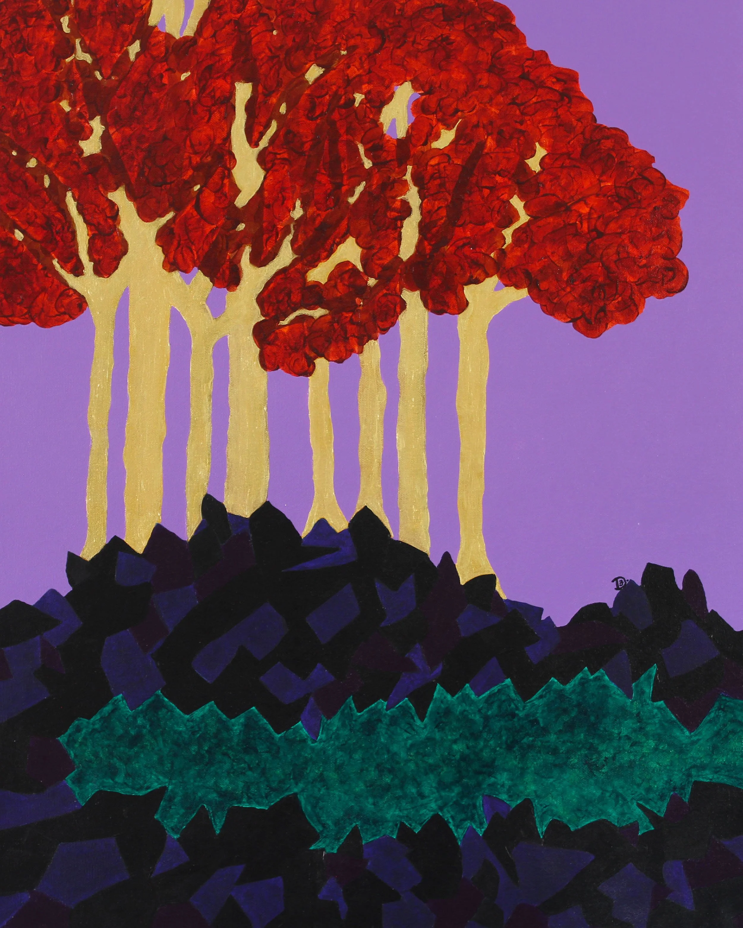 Vivid red, violet, and gold acrylic painting of trees on a cliff. Unique and bold.