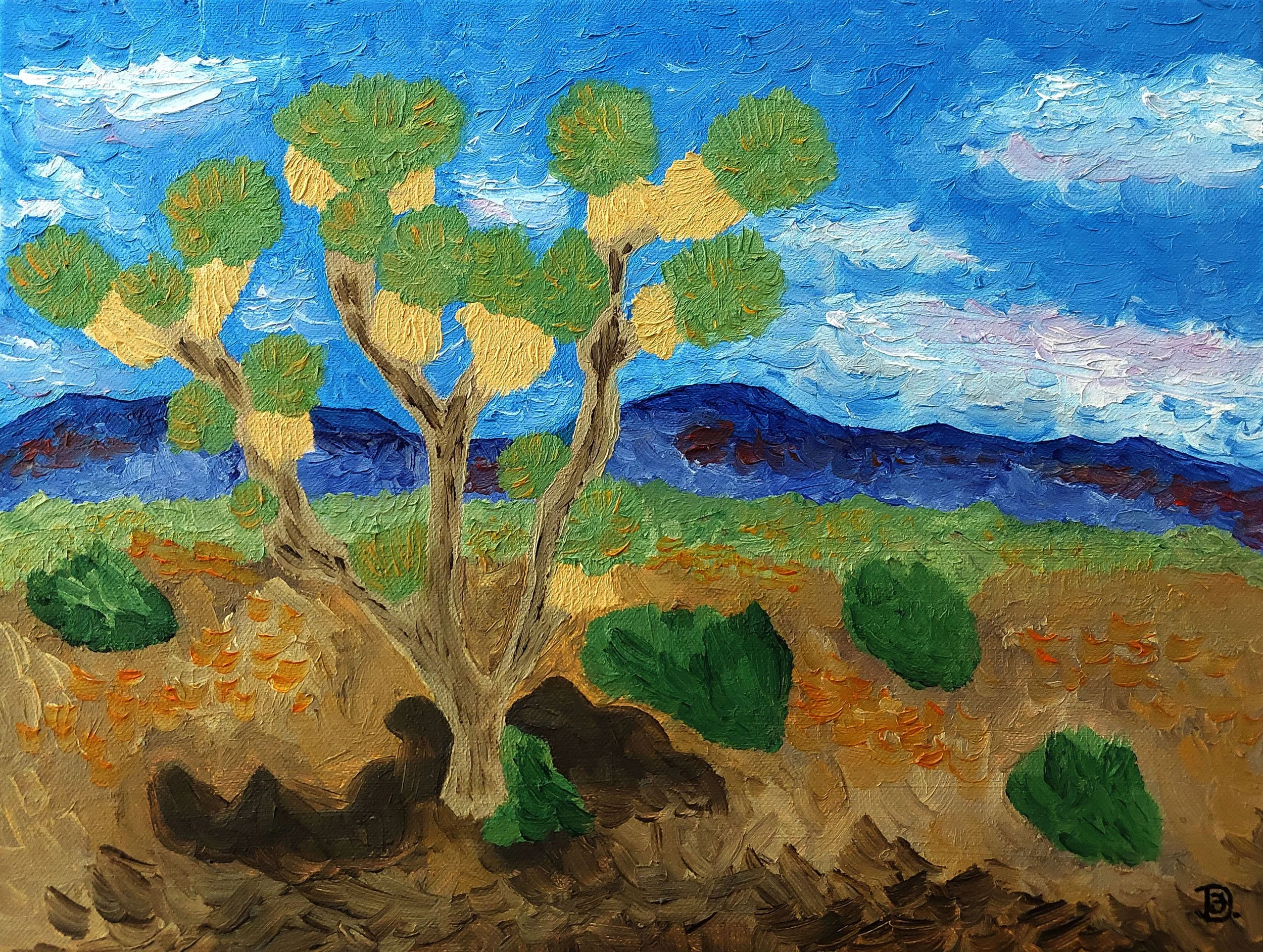 The Joshua Tree oil painting, featuring vivid colors and brushstrokes.