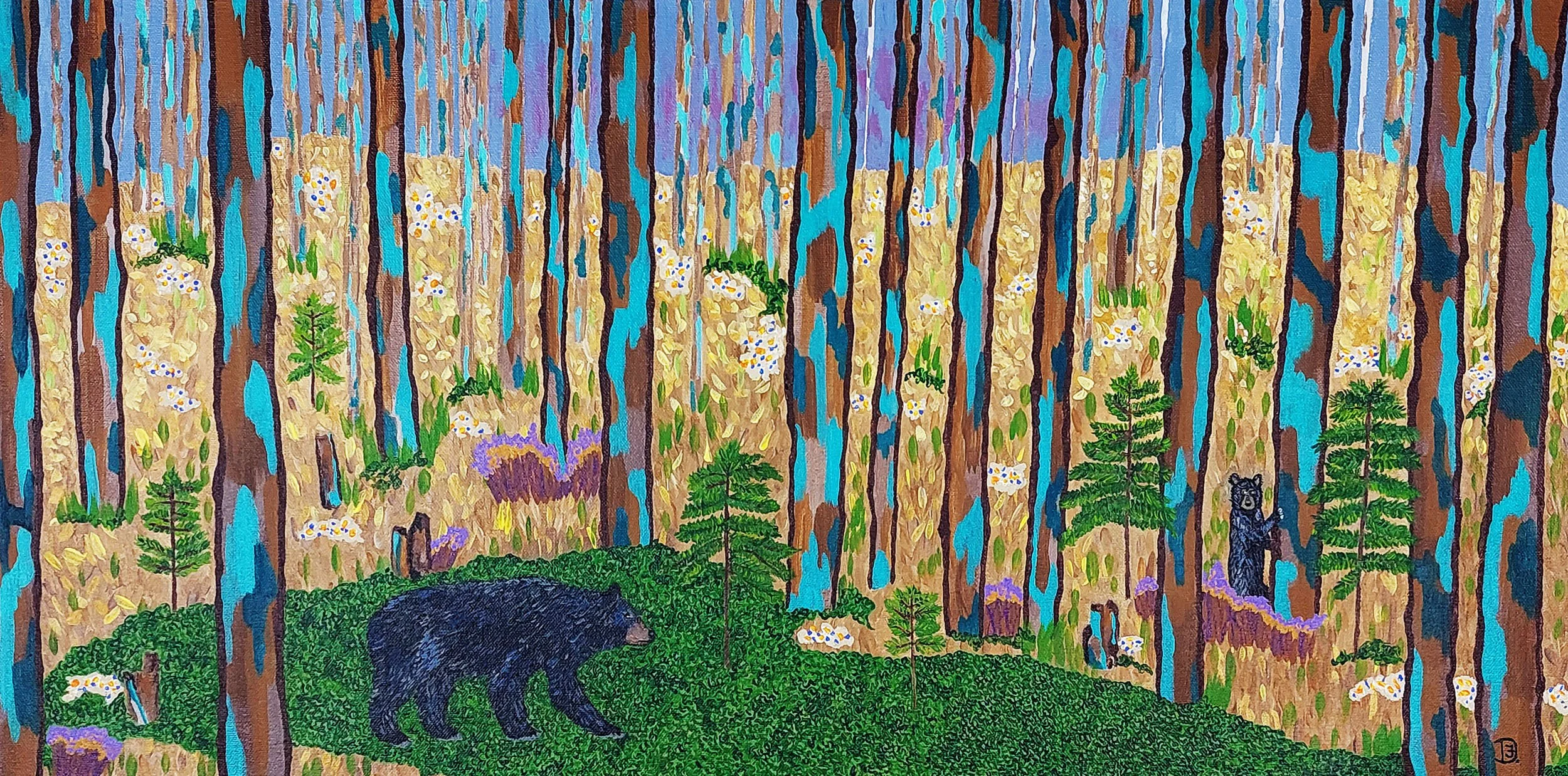 Bears Greet the Morning Light, featuring colorful forest with black bears. Distinctive brushstrokes, imaginative.