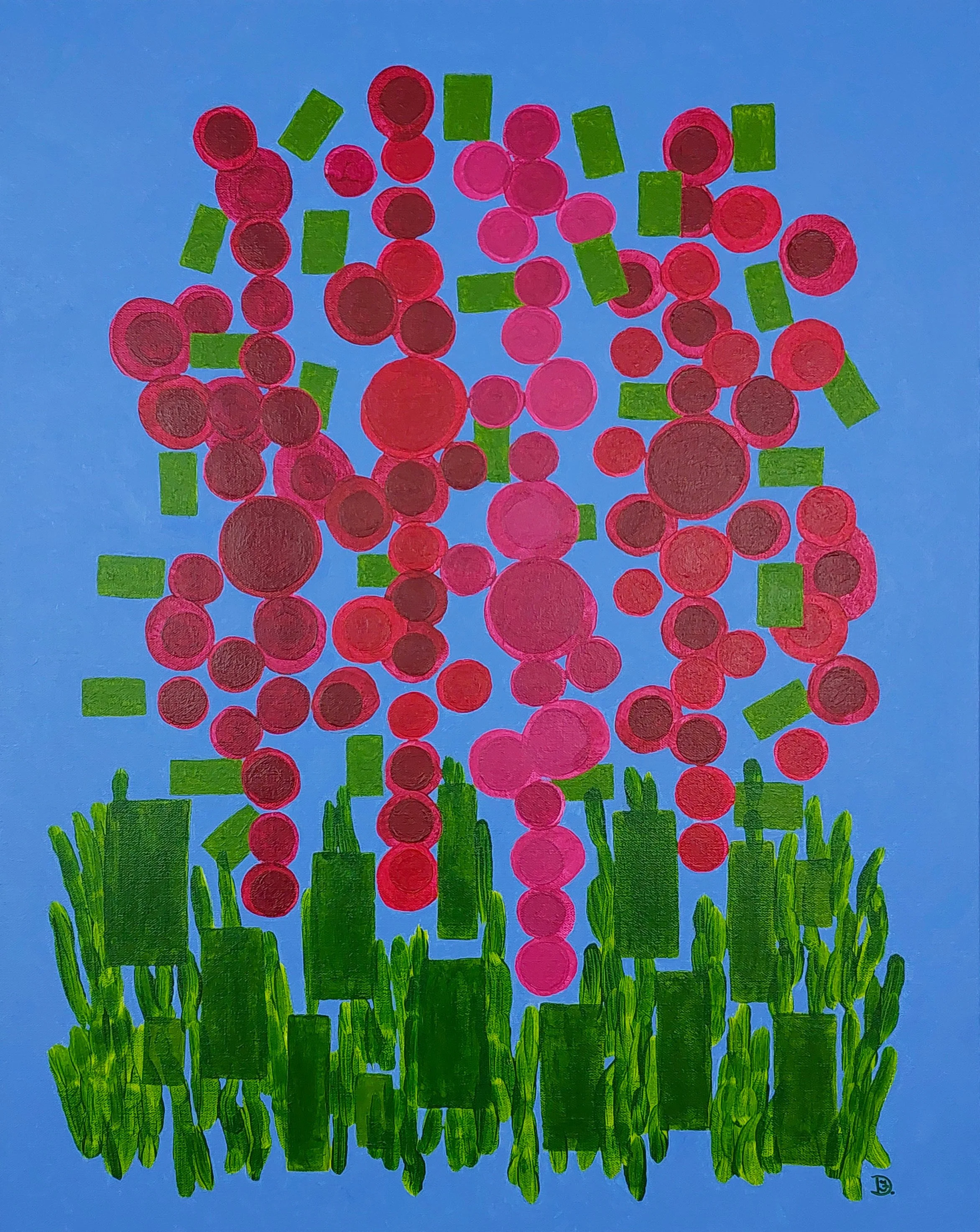 Brightly colored floral in shades of red, rose, blue, and greens. Geometric patterns, unique design.