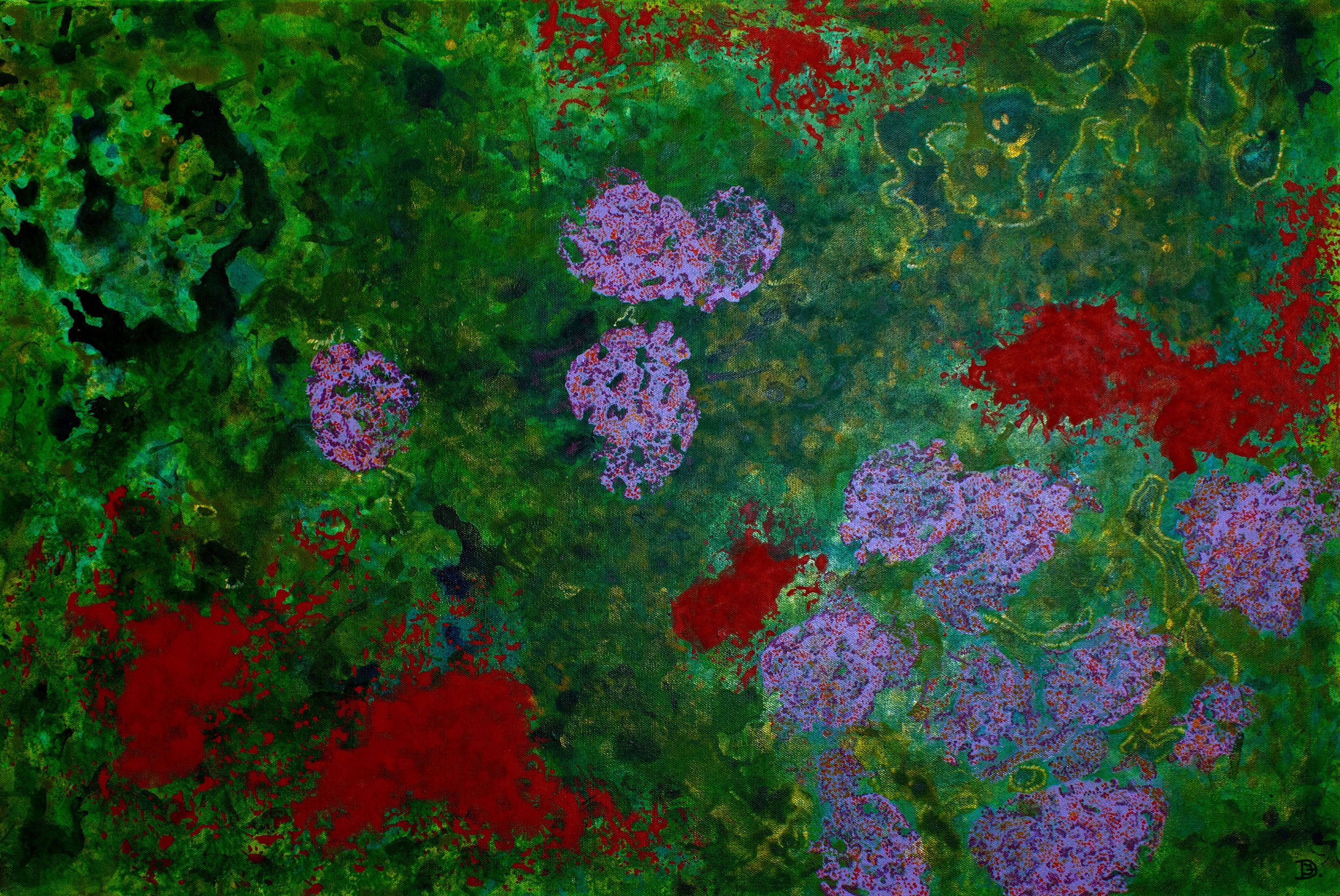 Botanical painting with gorgeous colors of green, violet, and red. Multiple layers, emerging light.