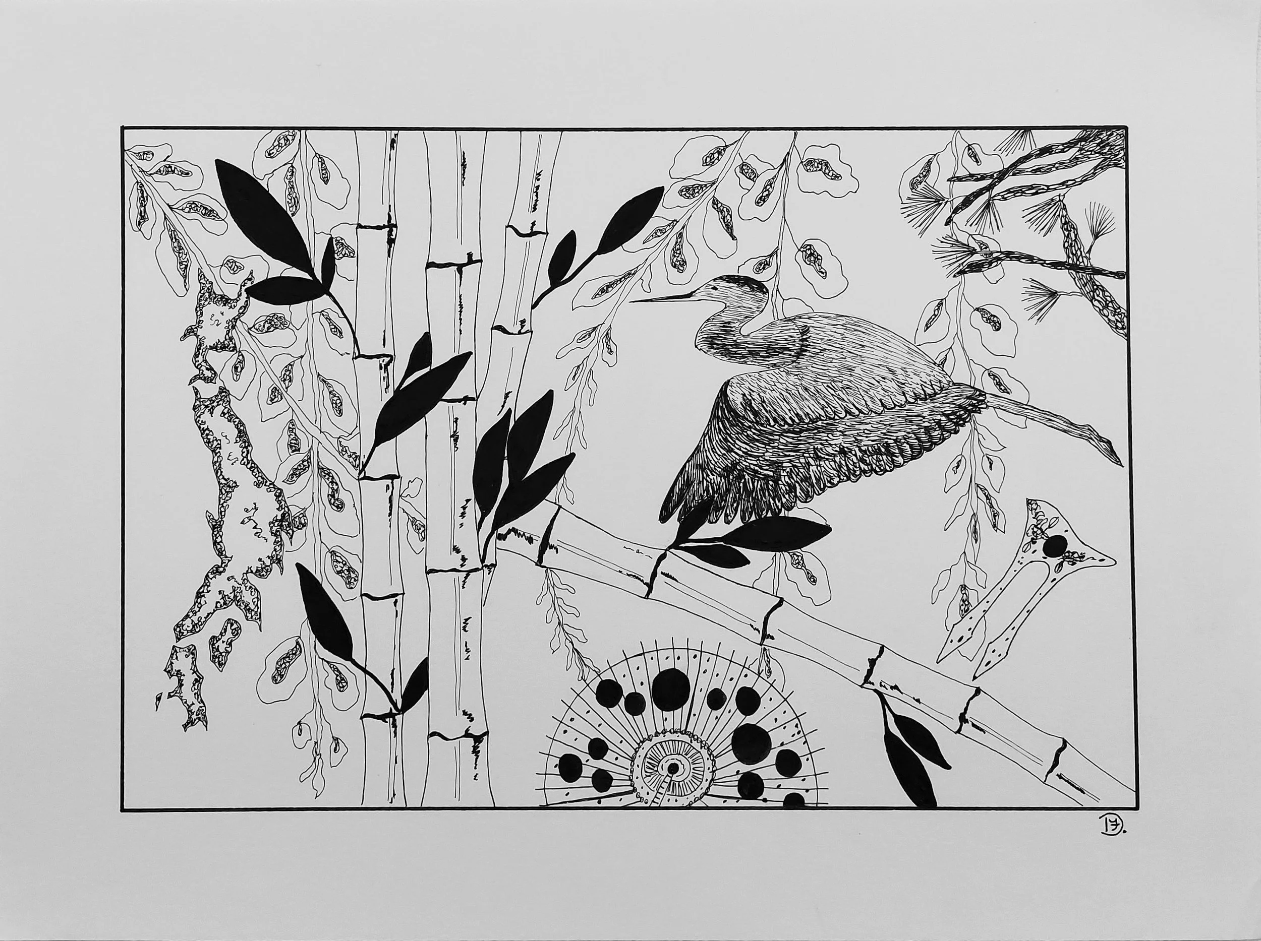 Themed detailed pen and ink drawing of East Asia. Parasol, crane, and bamboo.