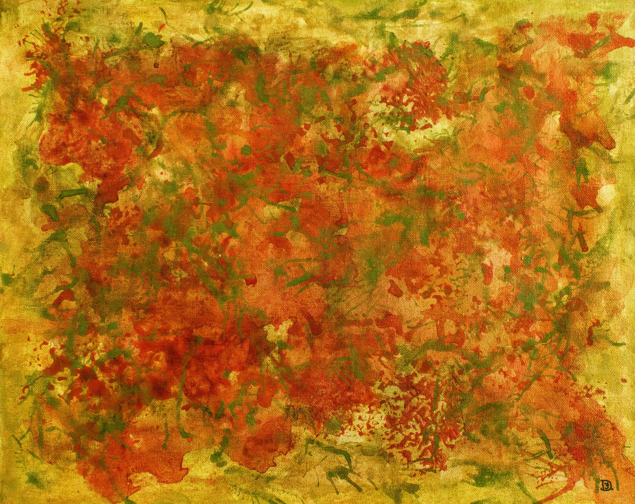 Abstract painting in acrylic and watercolor, featuring colors of autumn, multiple layers, emerging light.