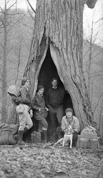 'Smoky Mountains Hiking Club rests at a large chestnut tree.' Image taken prior to the chestnut blights complete destruction the chestnut population in southern Appalachia: Image source here
