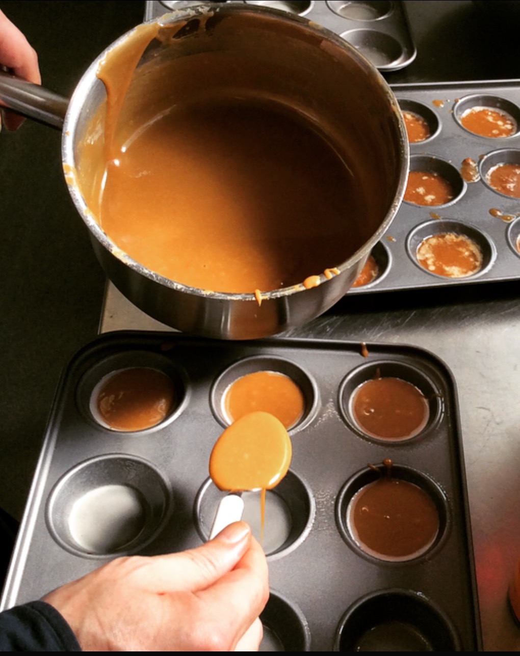 Pouring the fudge in to moulds 