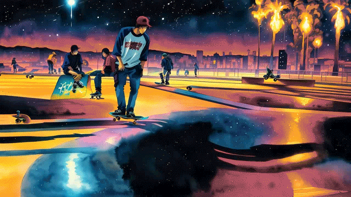 Intergalactic-Futuristic-cyberpunk-Skateboarders-skateboarding-on-rocket-decks-during-a-meteor-shower,-in-the-style-of-Meteora-Watercolour-(1687063390223).gif