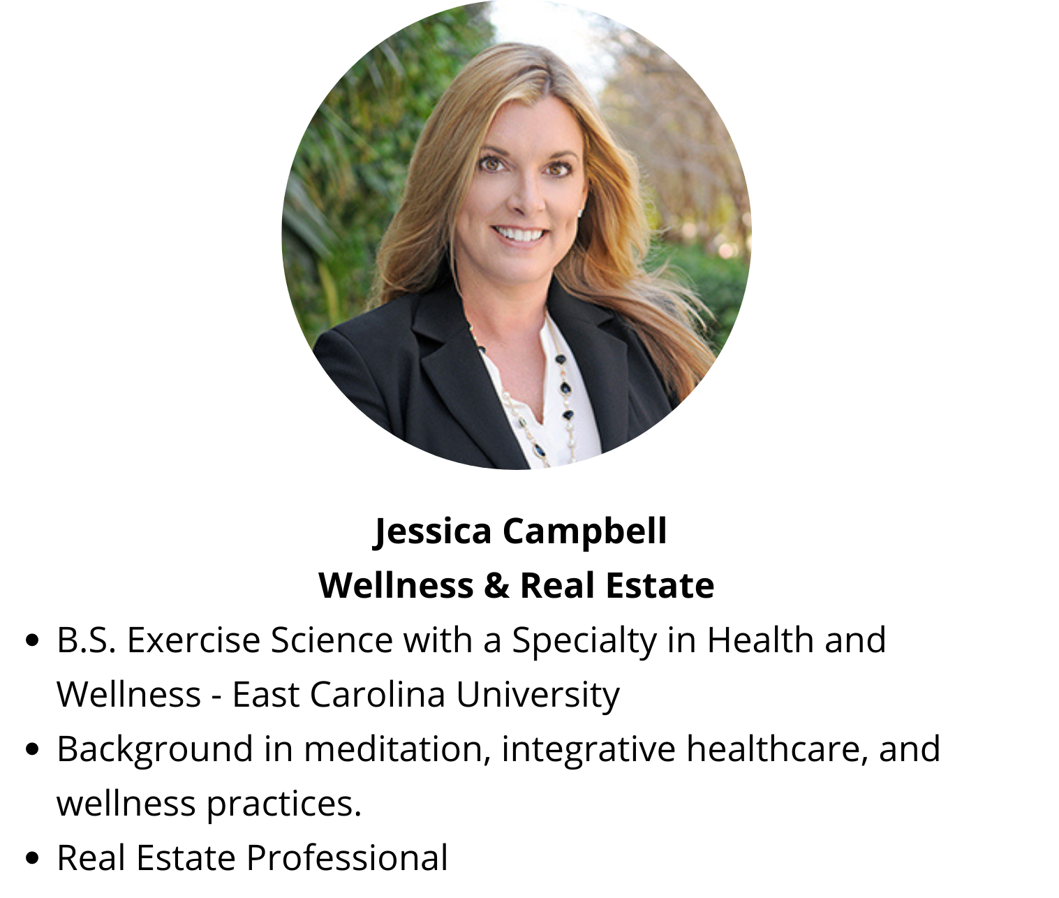 Jessica Campbell with highlights of her education and professional certifications.