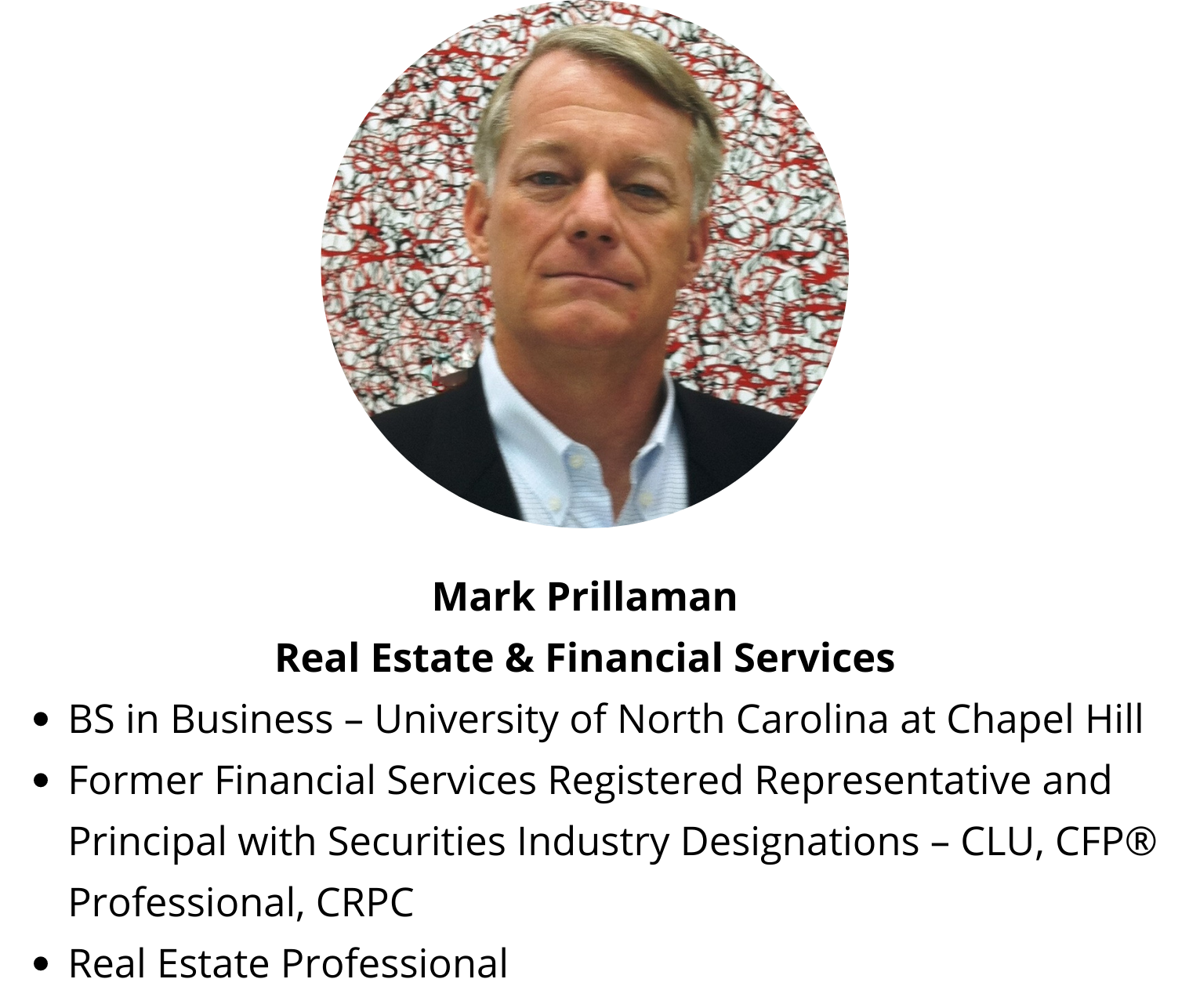 Mark Prillaman with highlights of his education and professional certifications.