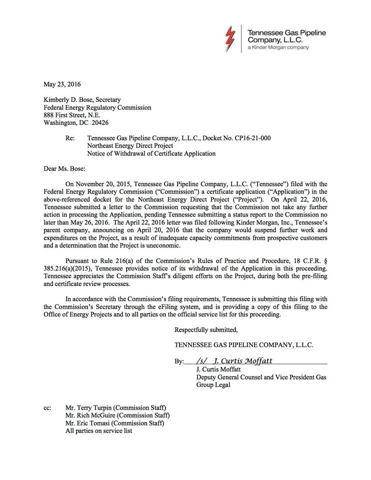 NED Pipeline Application Withdrawn from FERC