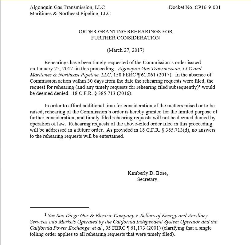 FERC Issues Tolling Order