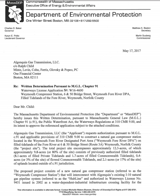 MassDEP Indicates Ch. 91 Waterways Approval