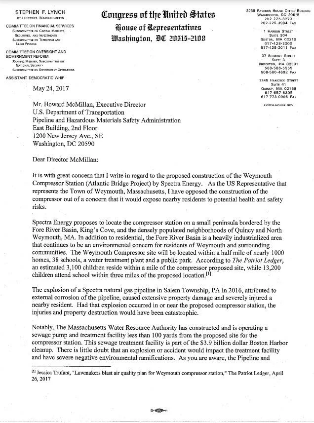 Congressman Lynch Contacts Pipeline Safety Administration
