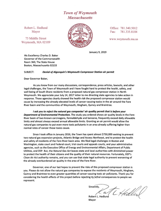 Mayor Hedlund Sends Letter to Gov. Baker