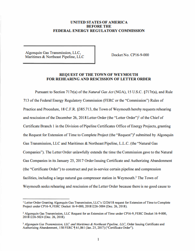 The Town of Weymouth & FRRACS file for FERC rehearing