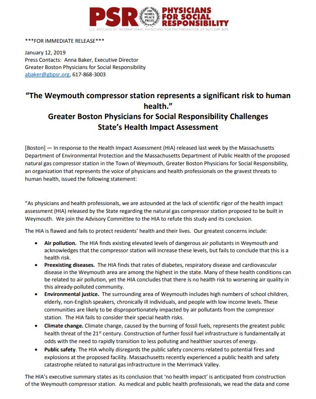 Greater Boston PSR Release Statement on the HIA