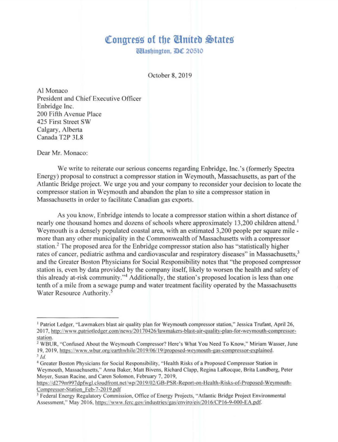 Sen. Markey, Sen. Warren, and Rep. Lynch Urge Enbridge to Stop the Compressor 