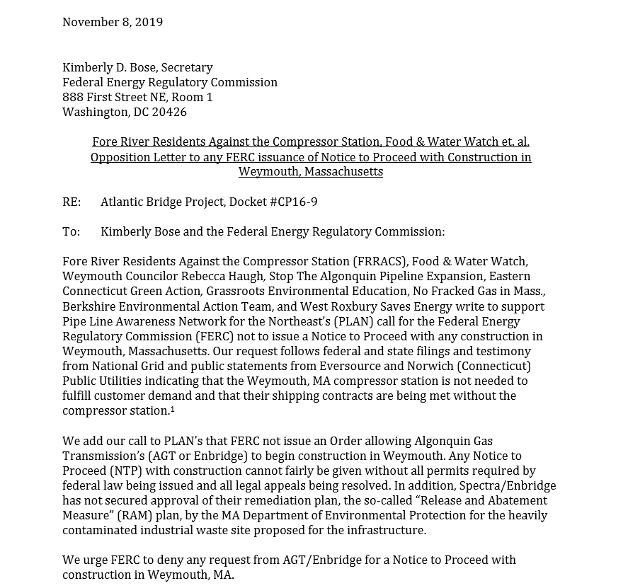 FRRACS, FWW, and other coalition groups submit letter to FERC