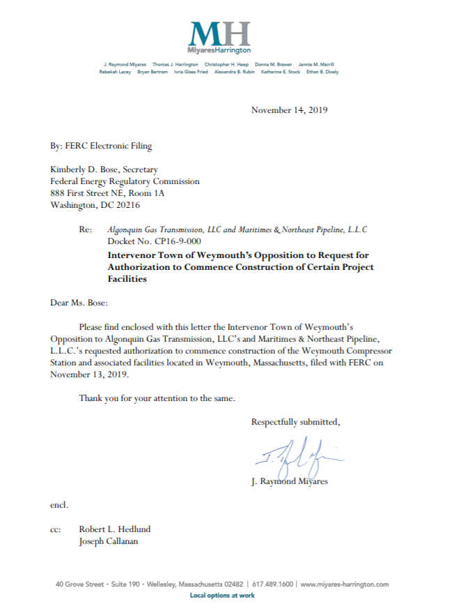 Weymouth submits letter to object Enbridge's request to start construction