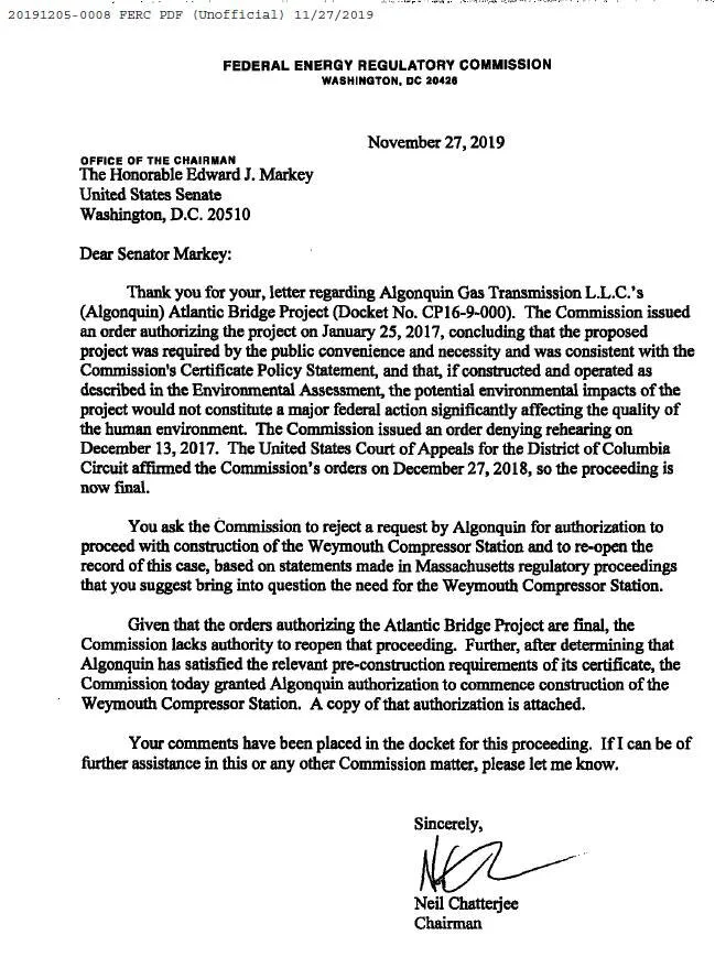 FERC responds to Senators Markey and Warren