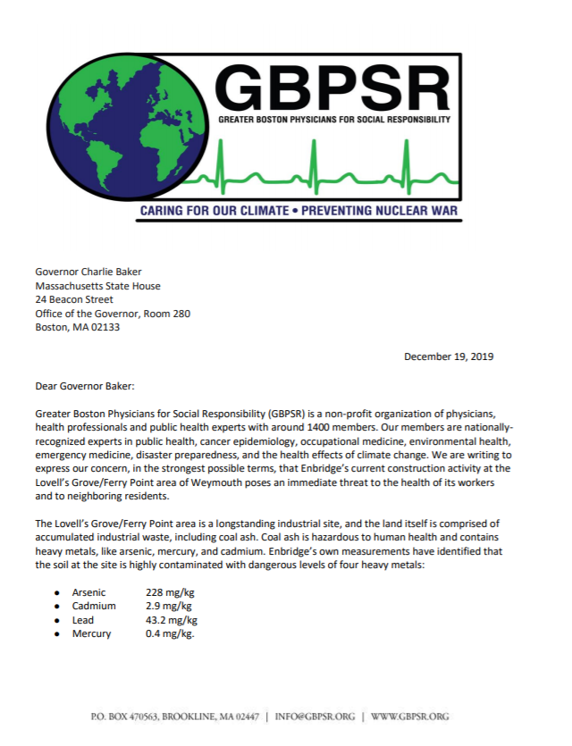 GBPSR writes to Gov. Baker to raise concerns about health impacts from construction
