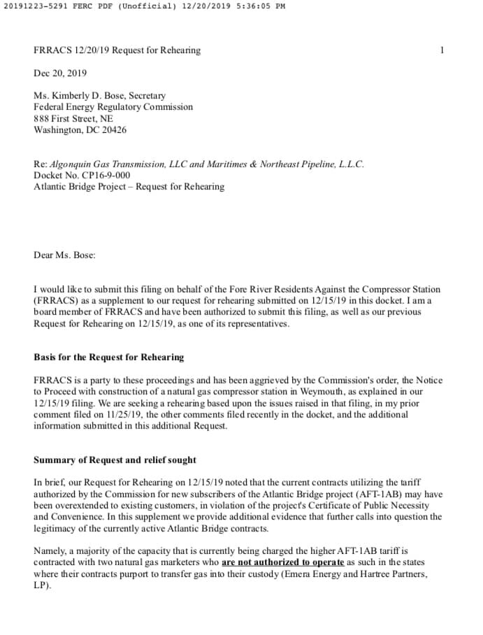 Dr. Nordgaard submits letter to FERC for rehearing request