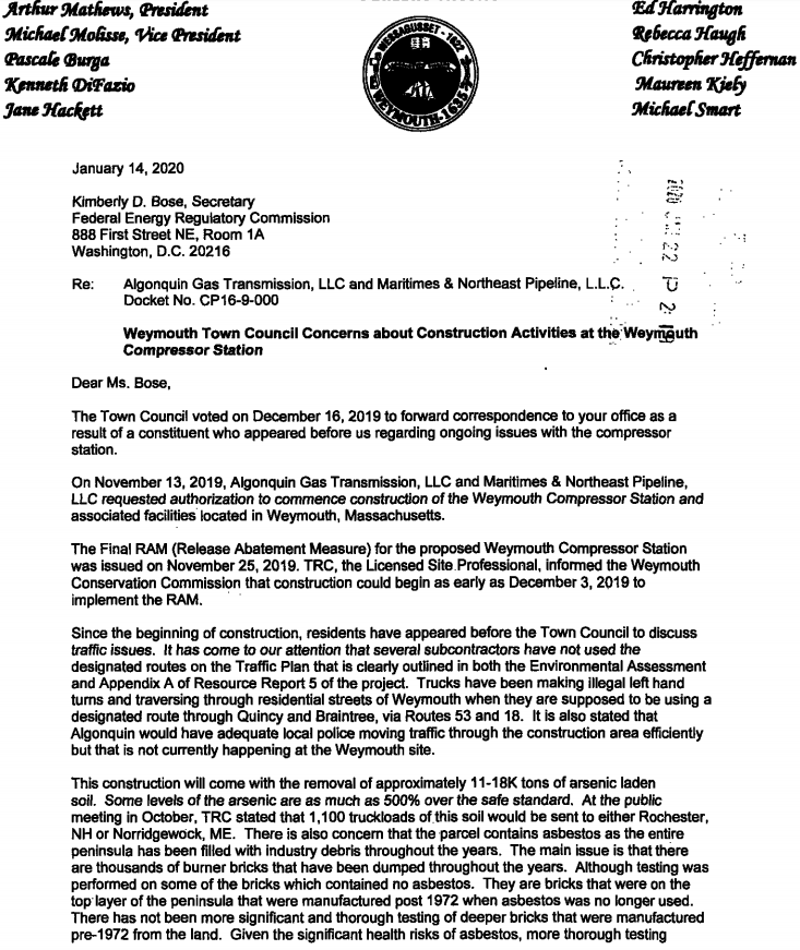 Weymouth Town Council submits letter to FERC to raise construction concerns