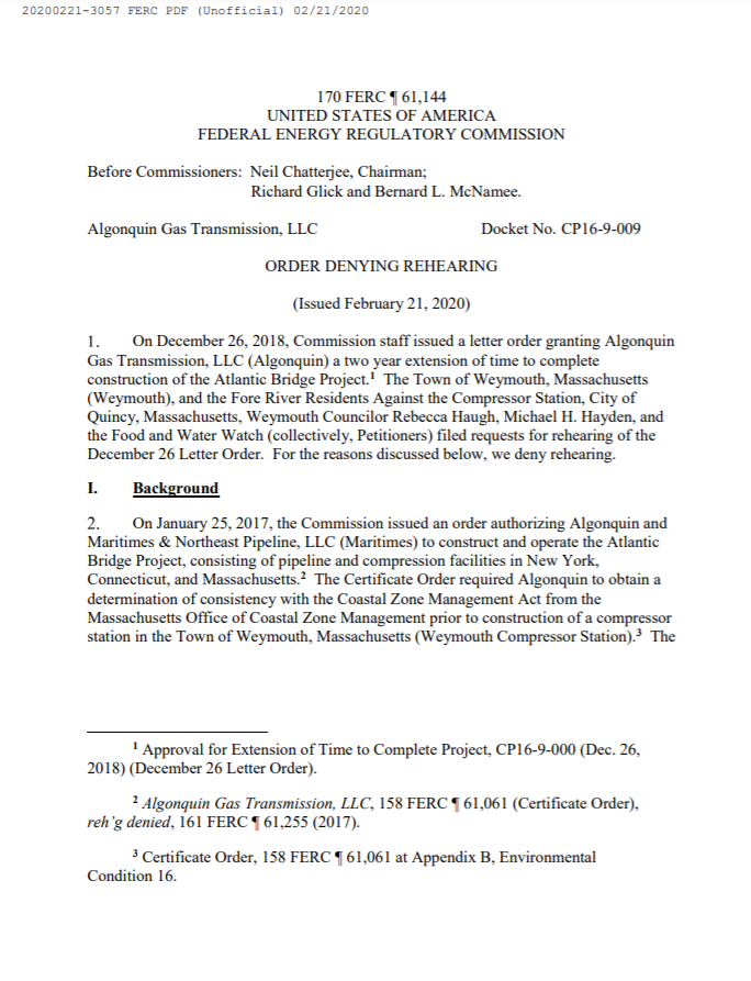 FERC denies our request for rehearing in response to 2018 certificate extension
