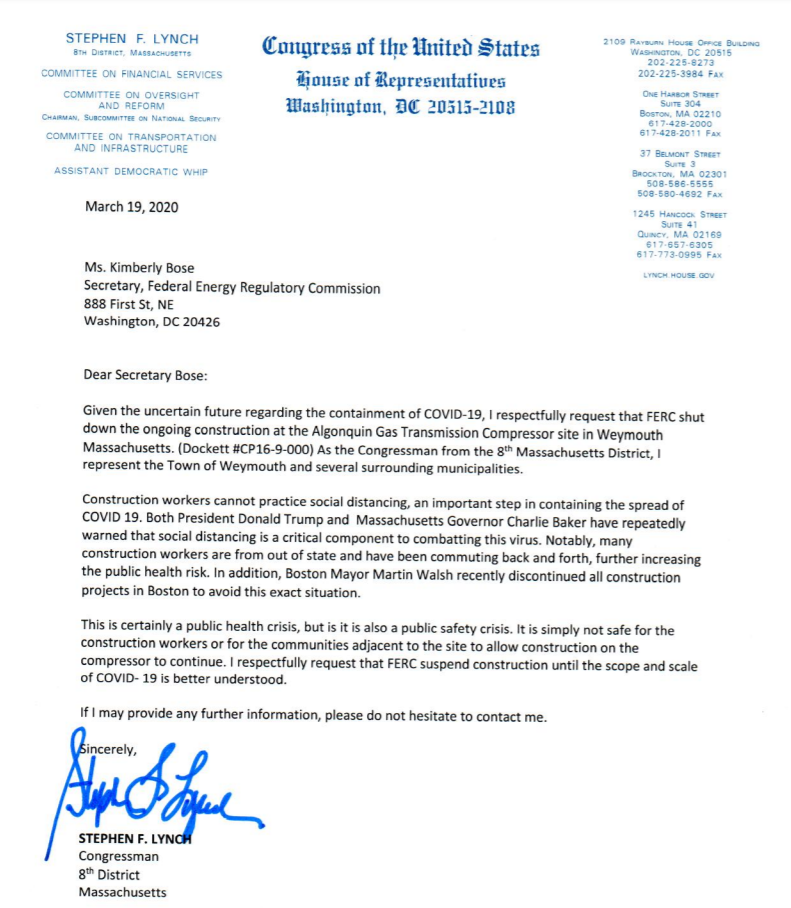 Congressman Lynch urges FERC to shut down construction